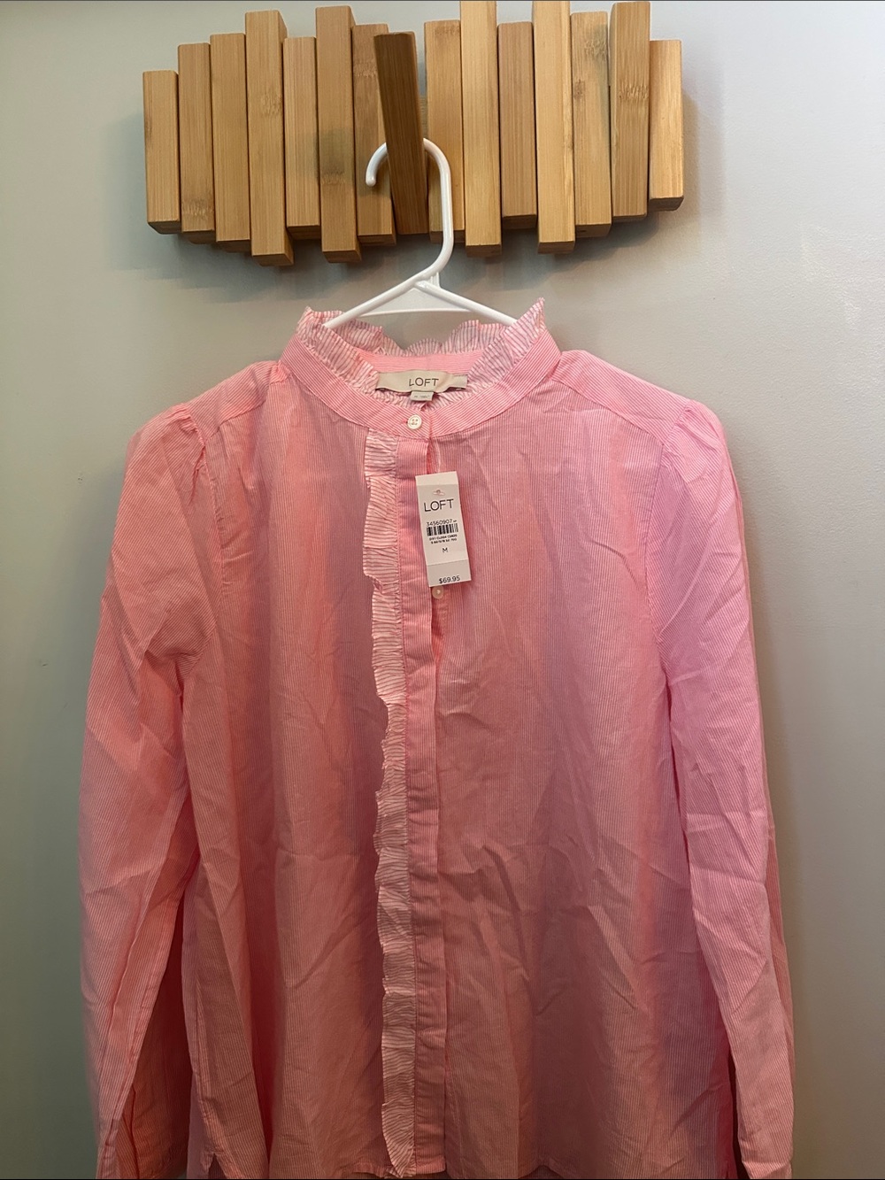 NWT LOFT Light Pink Ruffle-Trim Button Front Blouse